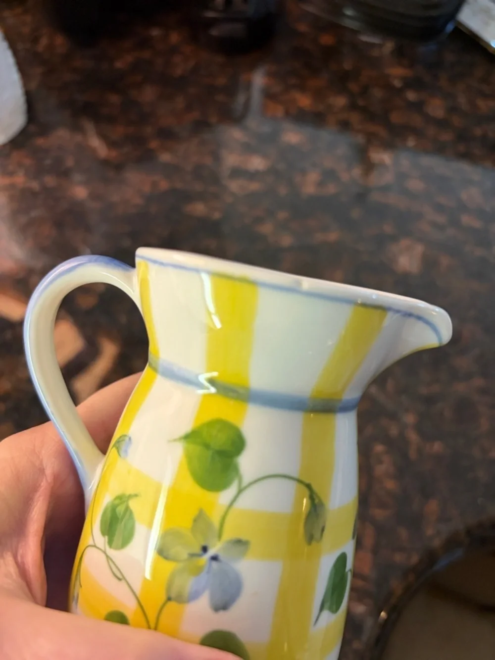 Andrea by Sadek  yellow lattice and violet Vintage hand painted 6 oz creamer.